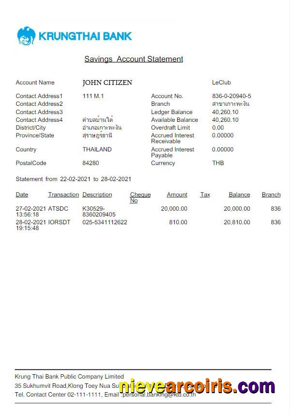 Thailand Krungthai bank statement Word and PDF scr